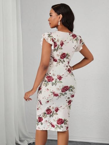 Image of Yajedo Women's Summer Bodycon Midi Dress Print Ruffled Sleeves V Neck Ruched Cocktail Pencil Dress