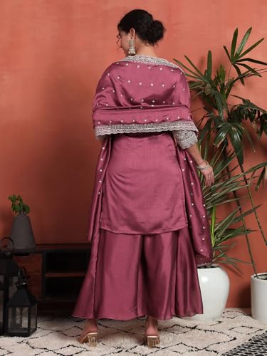 Image of SHOPPING QUEEN Women's Silk Blend Embroidered Kurta and Palazzo Set