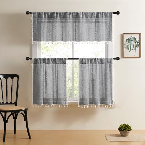 Cenefas de cocina MitoVilla gris oscuro de lino y algodón con borlas para ventanas de 52x18'' 4