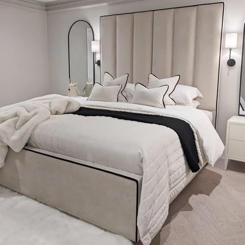 Image of 3FT Single Bed Hugo Luxury Tall Panelled Headboard Contrast Piping Upholstered In Plush Velvet Mustard Gold Bed - No Storage - No Mattress (Mustard Gold Plush, 3FT Single - No Mattress - No Storage)