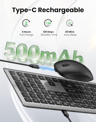 TECKNET 2.4G Rechargeable Ultra-Slim Wireless Keyboard and Mouse Combo | 2.4G Stable Connection, Full-Size Scissor Switch Keyboard with 12 Multimedia Keys, Silent Mouse, Ergonomic Design, Grey - image 4