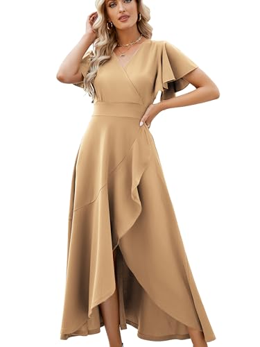 Image of Long Black Formal Dresses for Women Gowns Evening Party Cocktail Dress,Split Elegant V Neck Wrap Ruffle Wedding Guest Dresses