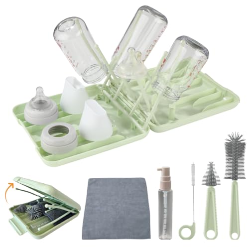 Image of 7in1 Travel Bottle Cleaner Kit: Baby Travel Essential - Bottle Brush Set with Silicone Bottle Brush, Straw Brush, Nipple Brush, Soap Dispenser - Bottle Cleaning Brush Set, Bottle Drying Rack (Green)