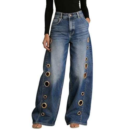Jean taille haute jambe large en denim délavé pour look streetwear chic