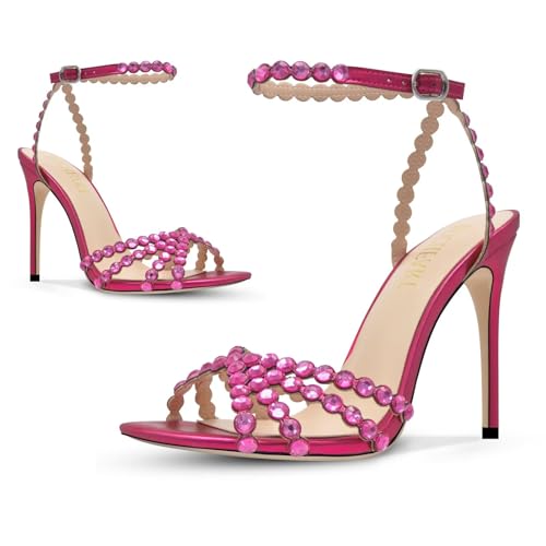 Image of HOCHFART Women's Rhinestone Stiletto High Heels Buckle Strappy Heeled Sandals Round Toe Sexy Dressy Pumps Shoes