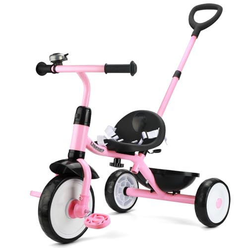 Image of Liberry 2 in 1 Toddler Tricycle Age 2 3 4 Years Old, Kids Trike with Adjustable Push Handle, Bell & Basket, 3 Wheel Bike Riding Toy Birthday Gift for Girls Boys, Light Pink