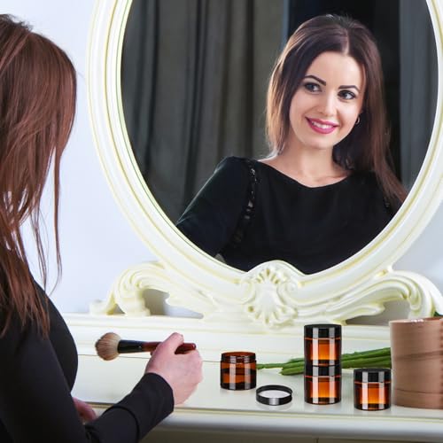 Image of Tanlade 100 Pcs 2 oz Amber Plastic Cosmetic Jars with Lids Empty Leak Proof Container Refillable Cosmetic Jars Airtight for Cream, Lotion, Powder, Ointment, Beauty Products Travel Storage(Round)