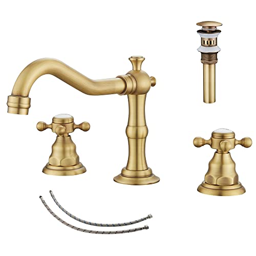GGStudy 2 Handles 3 Holes Faucet Widespread Bathroom Sink Faucet Antique Brass Basin Tap Mixer Supply Hose Included Matching Metal Pop Up Drain