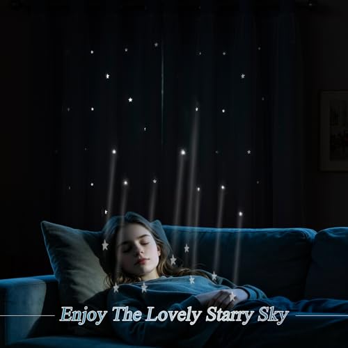 Image of indistar Dreamy Star Cutout Blackout Curtains with White Sheer,Double Layer Curtains for Girls Bedroom, Hollow Out Drapes for Nursery (2 Panel,52Wx84L,Blue Purple)