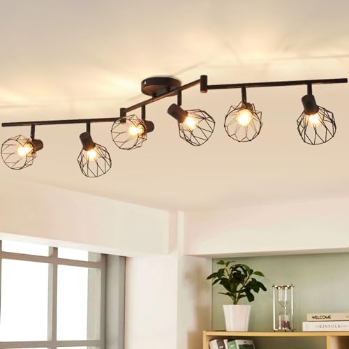 ANWIO Lámpara Techo Focos, 6 Focos Led Interior Techo Base E14, Apliques Techo Focos Negro con Base Rectangular, Giratorios Plafón Foco de Techo LED(Sin Bombillas).