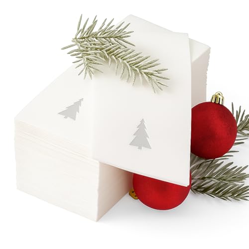 By Madee: 50 Pack Premium Christmas Napkins Disposable | Disposable Hand Towels for Bathroom | Linen Like Elegant Holiday Napkins for Unforgettable Celebrations | Made in Airlaid Paper (Silver Tree)