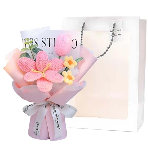 BDBFPAN Fiori all'uncinetto,Fiori artificiali,Bouquet di tulipani rosa,Adatto per decorazioni domestiche e regali in occasioni speciali come compleanno anniversario