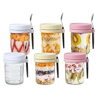 novelinks 6 Pack Overnight Oats Containers with Lids and Spoons,16 Oz Mason Jars, Leak Proof Overnight Oats Jars, Oatmeal Cups,Meal Prep Containers (3 Colors Lid)