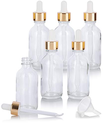 2 oz Clear Glass Boston Round Bottle with Gold Metal and Glass Dropper (6 pack) + Funnel