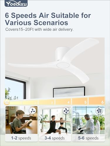 Image of 52 Inch Smart Ceiling Fans Without Lights, Low Profile Flush Mount Ceiling Fan with Alexa & Remote Control, 6 Speed Reversible Quiet DC Motor, White Ceiling Fan for Bedroom Living Room Patio
