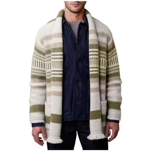 Cambkatl Men's Shawl Collar Long Cardigan Sweaters Colorful Striped Open Front Knitted Fashion Sweater Capes with Pockets