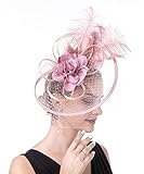 Material: malla, sinamay, organza, plumas. Tamaño: 23,1 x 28,2 cm. Viene con una diadema y un clip de cocodrilo. Este delicado y hermoso tocado está hecho a mano con una exquisita mano de obra. Con una diadema y un diseño de clip, dos tipos de estilos de uso, puedes cambiarlo en cualquier momento como desees, fíjalo firmemente a tu cabeza y combínalo perfectamente con tu atuendo.