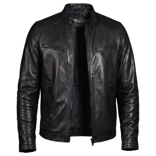 Image of Men Cafe Racer Motorcycle Style Solid Leather Jacket Slim Fit Motorcycle Brown Cafe Racer Leather Jacket