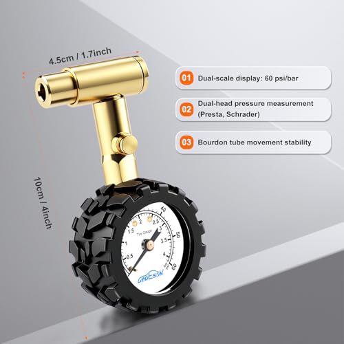GODEOSN Bike Tire Pressure Gauge - Dual Head for Schrader & Presta Valves,0-60 PSI / 4 BAR Range, 1.5-Inch Dial with Gear Protection Sleeve - Suitable for MTB, Road, E-Bikes and Motobike