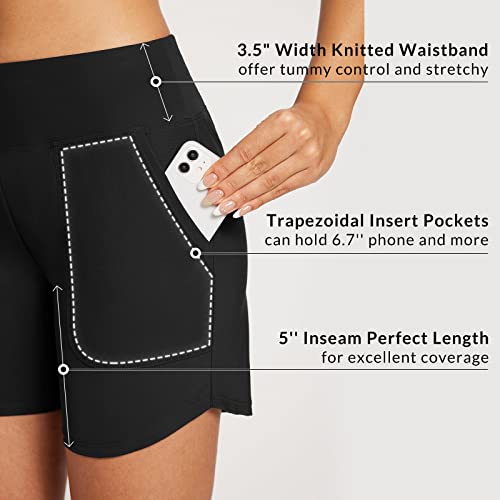 Baleaf Women'S Swim Shorts Tummy Control Modest Swimsuits Bathing Suit Bottoms 5 Inch Board Shorts Beach Trunks With Pockets Black M thumb #2