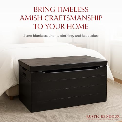 Image of Amish Made Wooden Storage Chest Trunk Box with Lid and Handles for Bedroom, Blanket, Clothes, Anti-Slam Hinges, Handmade, Rustic, Oak Wood, Onyx Stain, 42 inch