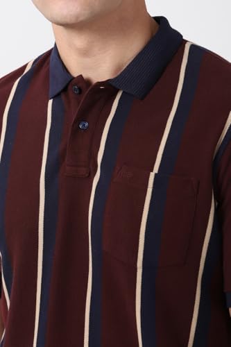 Image of Peter England Men's 100% Cotton Vertical Striped Polo T-Shirt - Casual Wear | Sleek & Comfortable