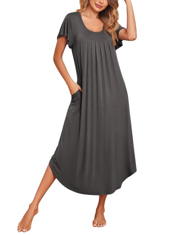 Image of Ekouaer Long Nightgowns for Women with Pockets Short Sleeves Moo Moos for Women Casual Maxi Dress House Dresses S-XXXL