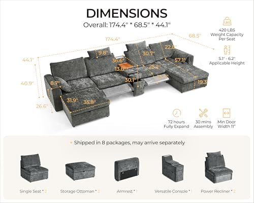 Image of 174.4'' Oversized Modular Power Recliner Sofa with Headrest, Deep Cloud Couch with Table, Charging Cup Holders, Convertible U-Shaped 6-Seater Sectional with 2 Storage Ottomans, Chenille, Grey