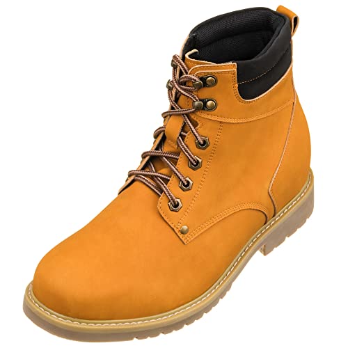 Image of CALTO Men's Invisible Height Increasing Elevator Shoes - Nubuck Brown Leather Lace-up Round-Toe Work Boots - 3.2 Inches Taller - K8821 - Size 6.5 D(M) US
