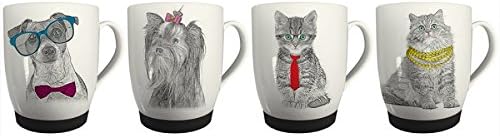 New Bone China Mugs Set of 4 Cat & Dog Design Coffee Home Kitchen Office Cups Coffee Cups Tea Cups Sketch Design Set of Mugs Party Tableware Pet Silicone Base Mugs 13oz Mugs