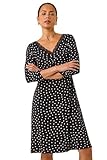 Roman Originals Tea Dress for Women UK Ladies Skater Swing Fit & Flare Flattering Summer Knee Length Frill Hem Ruched Chest Casual Smart Cocktail Party Going Out - Petite Polka Black - Size 14