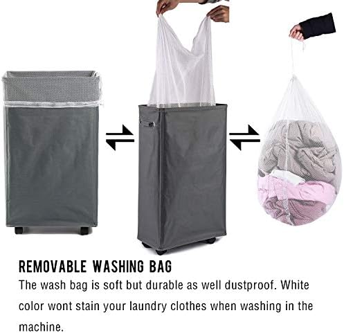 Laundry Hamper, Caroeas 27inch X-Large Rolling Laundry Basket Collapsible Tall Slim Laundry Hamper with Washable & Breathable Mesh Liner Waterproof & Dustproof Laundry Cart on Wheels (Grey)