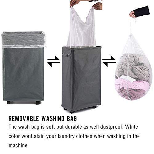 Laundry Hamper, Caroeas 27Inch X-Large Rolling Laundry Basket Collapsible Tall Slim Laundry Hamper With Washable & Breathable Mesh Liner Waterproof & Dustproof Laundry Cart On Wheels (Grey) #TOP3