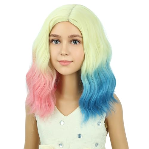 Image of PATTNIUM Blonde Ombre Pink Blue Wig Short Pink Blue Wigs Side Part Shoulder Length Wavy Heat Resistant Synthetic Wig