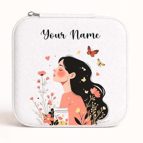 Image of PRIMIT Personalized Jewelry Box with Name & Birth Flower - Custom Travel Jewelry Organizer Case - Bridesmaid, Birthday, Christmas Gift for Women & Girls (Butterfly White Girl)