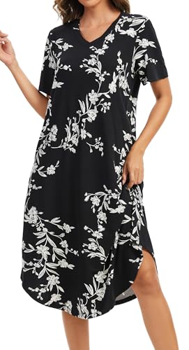 Image of Kabento Nightgowns for Women Cotton Short Sleeve Long Night Gowns with Pockets