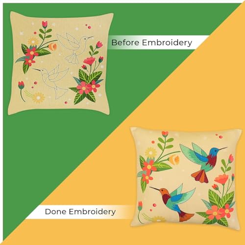 Image of picknMAKE Beginners for Set Kit Embroidery Hand Cover Cushion DIY 2 of Pack - Covers Pillow /Cushion Handmade Bliss Hummingbird | Decor Home | 16 inchx16 inch | Pattern Printed Digitally | Included Materials All