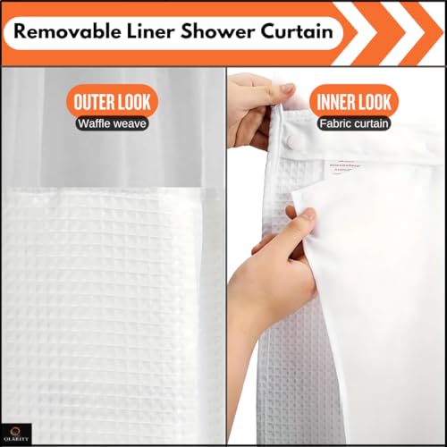 Image of Qlarity Covers Hookless Bathroom Shower Curtain with Waffle Fabric Snap-in Liner | Water Repellent & Machine Washable Magnetic Lock Curtain | (Whit, 4.5 x 7ft)