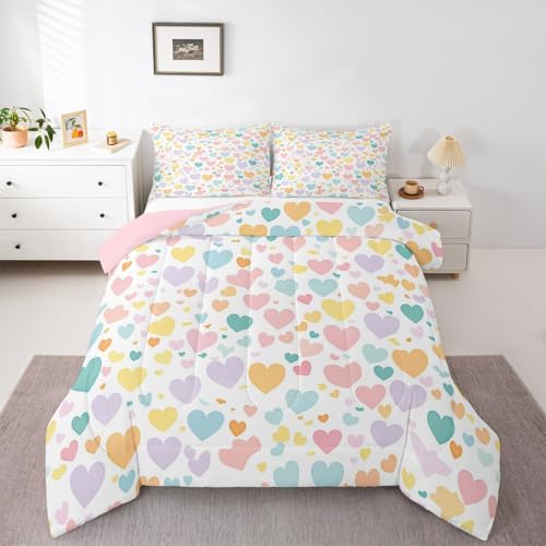 Image of Erosebridal Girls Heart Pattern King Bedding Set Rainbow Heart Comforter Set for Kids Teens Kawaii Valentine Theme Comforter Cartoon Geometric Quilt