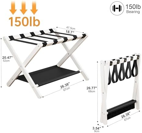 FLYJOE Luggage Rack, Solid Oak Wood Folding Suitcase Stand with Storage Shelf, Luggage Stand with Leather Straps for Guest Room, Bedroom, Hotel, White