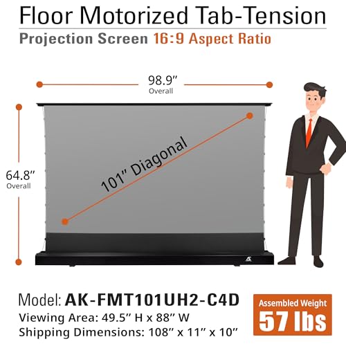 Image of Akia Screens 101 inch Floor Rising Projector Screen Motorized with Remote, ALR Projector Screen Ambient Light Rejecting Movie Screen for Standard Throw Projection Indoor, AK-FMT101UH2-C4D-X