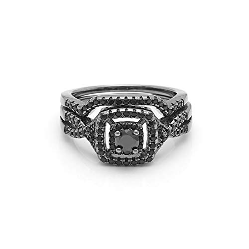 Frances Square Halo Black Wedding Ring Set for Women by Ginger Lyne CZ Engagement Rings for Women Sterling Silver Wedding Bands for Her | Cubic Zirconia Bridal Sets | Half Eternity Band4