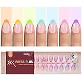 Beetles Summer Press On Nails 224 Pcs 7 Colors, French Tip Nails Short Almond Classic Fake Nail Tips, Rainbow Soft Nail Gel False Nails Art DIY For Women
