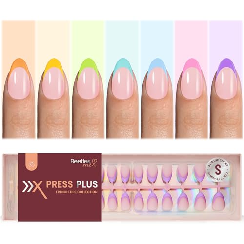 Image of Beetles Summer Press On Nails 224 Pcs 7 Colors, French Tip Nails Short Almond Classic Fake Nail Tips, Rainbow Soft Nail Gel False Nails Art DIY for Women