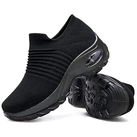 Slow Man Womens Walking Shoes Sock Sneakers Wide Width Hypersoft Slip on Hyper Arch Support Air Cushion Jazz Dance Mesh Lady Loafers Girls Modern no Laces Pure Black,7.5 Wide Cover