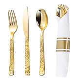 WELLIFE 50 Pack Gold Plastic Silverware with Pre Rolled Napkins,Hammer Pattern Design,Plastic Cutlery Includes: 50 Forks,50 Knives,50 Spoons,50 Napkins,Gold Silverware Disposable for Party and Wedding