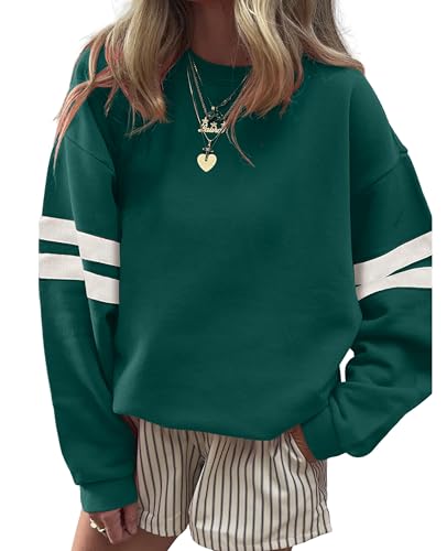 SELINK Womens Varsity Striped Oversized Sweatshirt Crewneck Long Sleeve Casual Fashion Pullover Top Fall Outfits Green-S