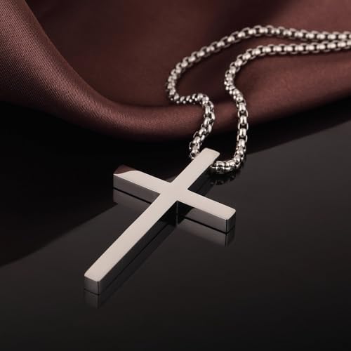 Image of Stainless Steel Cross Pendant Necklace for Men & Women | Silver Christian Cross Locket with Box Chain | Minimalist Religious Jewelry Gift