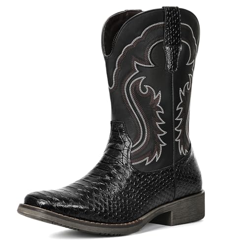 IUV Cowboy Boots for Men Faux Snake Skin Embroidered Western Boots Slip Resistant Square Toe Pull on Mid Calf Cowboy Boot
