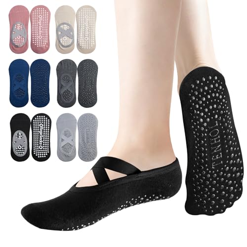 FICOFISE 6 Paires de Chaussettes Pilates Femme Anti-Dérapantes Respirables - Taille 34-39 avec Croisillons Élastiques, Confortables pour Yoga, Pilates, Danse & Fitness (Yoga Antiderapant Chaussettes)
